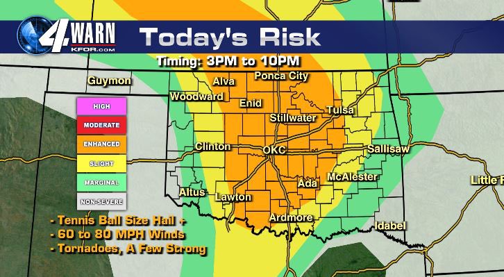 emilyrsutton's tweet photo. ⚡️HEADS UP-SEVERE WEATHER EXPECTED TODAY⚡️
⛈️The enhanced risk has expanded
⛈️Timing: 3PM to 10PM
⛈️Threats: Up to baseball size hail, damaging winds, strong tornadoes possible
⛈️Have a severe wx safety plan
⛈️Stay tuned for updates!

8AM Thu @kfor #okwx https://t.co/AaMEk2wZao