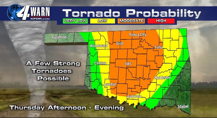 emilyrsutton's tweet photo. ⚡️HEADS UP-SEVERE WEATHER EXPECTED TODAY⚡️
⛈️The enhanced risk has expanded
⛈️Timing: 3PM to 10PM
⛈️Threats: Up to baseball size hail, damaging winds, strong tornadoes possible
⛈️Have a severe wx safety plan
⛈️Stay tuned for updates!

8AM Thu @kfor #okwx https://t.co/AaMEk2wZao
