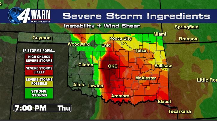 emilyrsutton's tweet photo. ⚡️HEADS UP-SEVERE WEATHER EXPECTED TODAY⚡️
⛈️The enhanced risk has expanded
⛈️Timing: 3PM to 10PM
⛈️Threats: Up to baseball size hail, damaging winds, strong tornadoes possible
⛈️Have a severe wx safety plan
⛈️Stay tuned for updates!

8AM Thu @kfor #okwx https://t.co/AaMEk2wZao