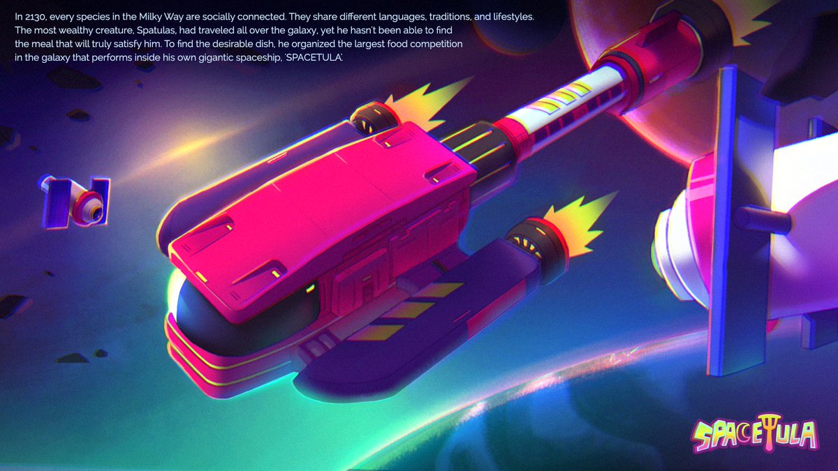noinaedamiiz's tweet image. My last year&apos;s game concept art project, SPACETULA!

In this game, players roleplay as the competitors of the largest space cooking show to find the best cook of the Milky Way🪐💫 #gameconcept