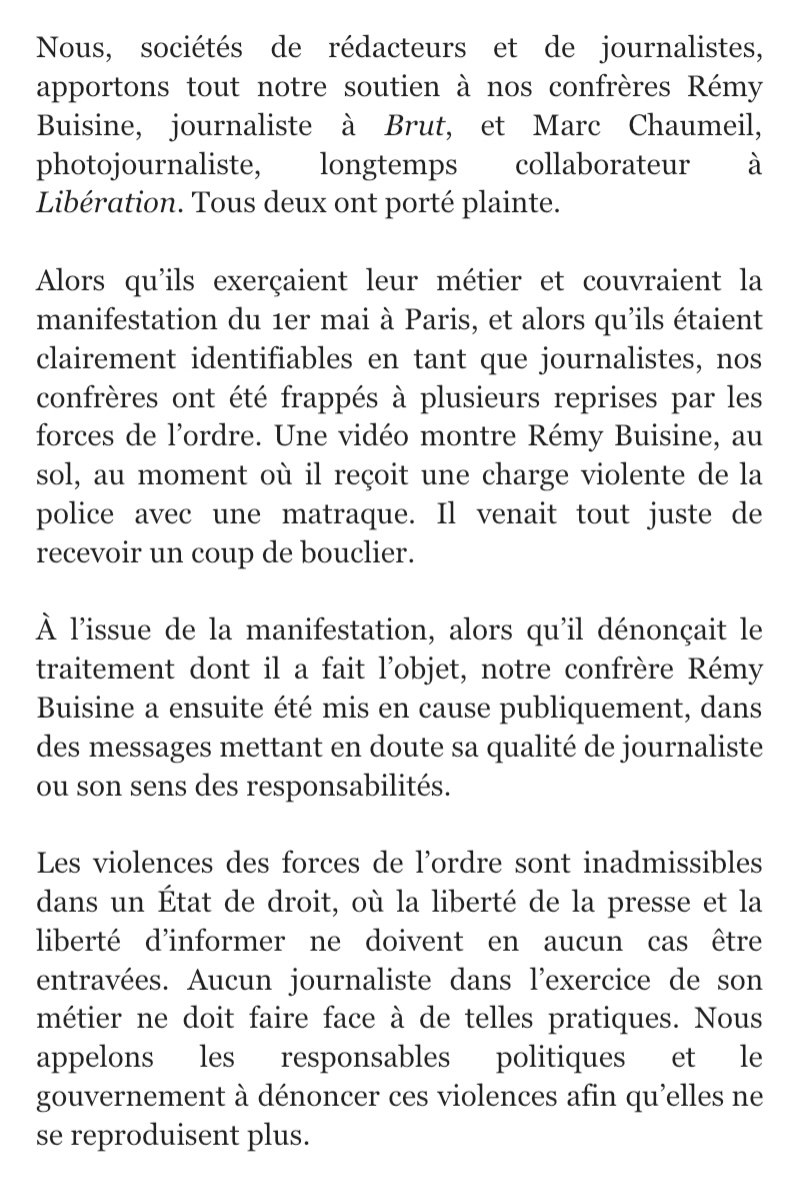 [MAJ] Plus de 30 sociétés de journalistes, dont la <a href="/SJPLibe/">SJPL</a>, apportent leur soutien à <a href="/RemyBuisine/">Remy Buisine</a> (<a href="/brutofficiel/">Brut FR</a>) et Marc Chaumeil, longtemps collaborateur à <a href="/libe/">Libération</a>, violentés par les forces de l’ordre durant la manifestation du 1er-Mai à Paris. Tous deux ont porté plainte.