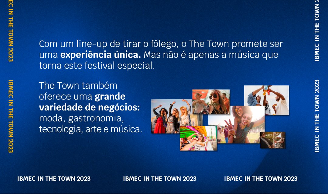 Ibmec_oficial's tweet photo. Preparados para uma experiência única? 🎶 O The Town está chegando e o Ibmec marcará presença por lá e você também não pode perder a chance de fazer parte deste evento histórico. Arraste até a última tela, temos uma novidade. 👀
#TheTown #Ibmec https://t.co/bYpK8zpA6J