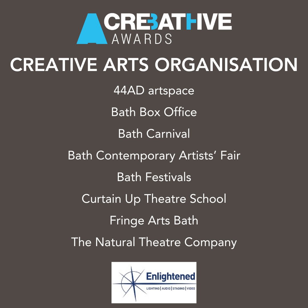 CreativeBath's tweet photo. The Creative Arts Organisation Finalists are: @Studio44AD, @bathboxoffice, @BathCarnival, @bath_artists, @bathfestivals, @curtainup2004, @FringeArtsBath and @NaturalTheatre
Congratulations!
Sponsor: @enlightenedlx
#CreativeBathAwards https://t.co/kOwWcFurSL