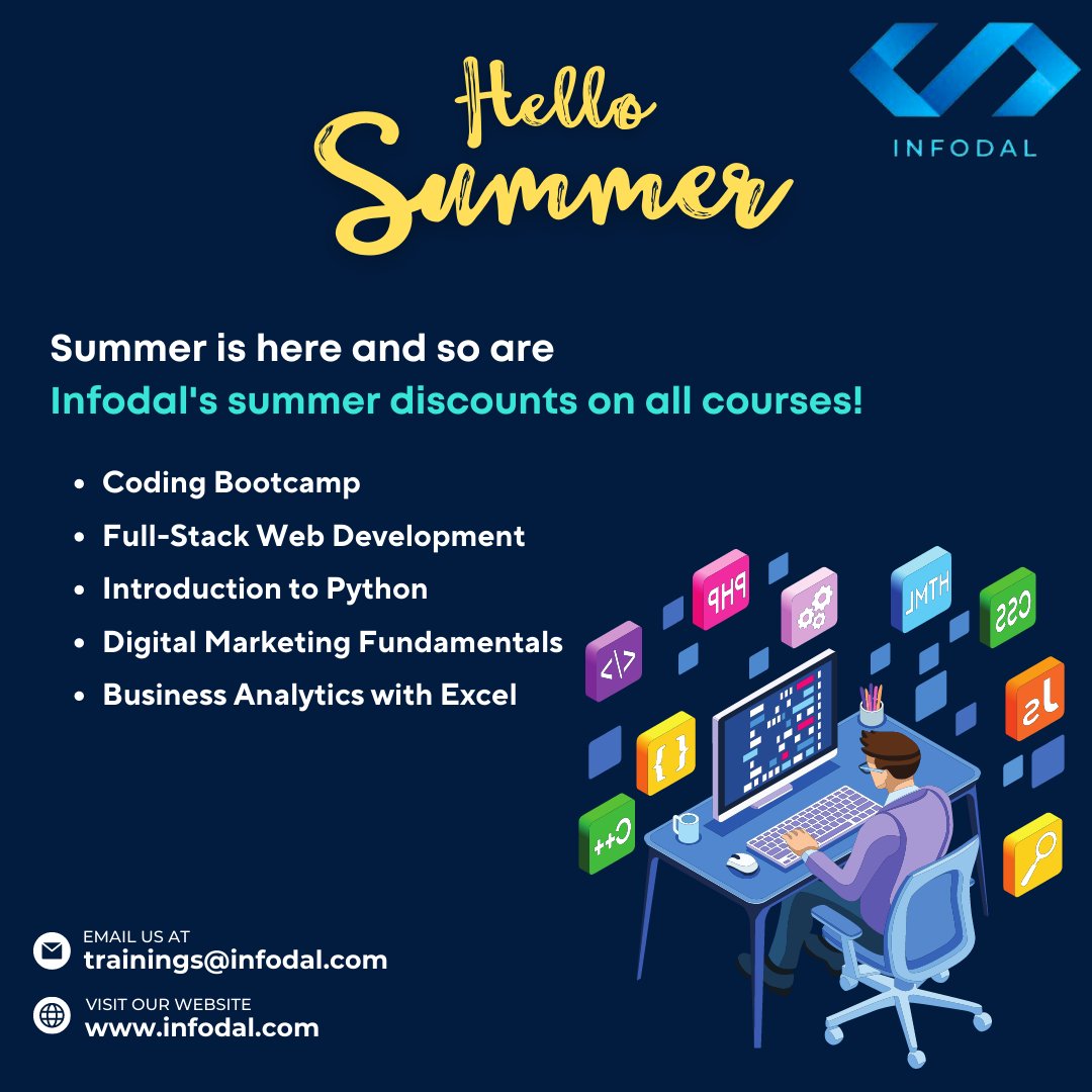 infodal_'s tweet photo. 📢 Attention all learners! 🌞☀️ Gear up for a fun and productive summer with our exclusive May Sale! 🏝️📚 Enroll in any course this month and enjoy 10% off your purchase.
#MaySale #SummerReady #infodal #infodaltraining #Edtech #coding #Fullstack #Python #excel #digitalmarketing https://t.co/1RtzXLAyGj