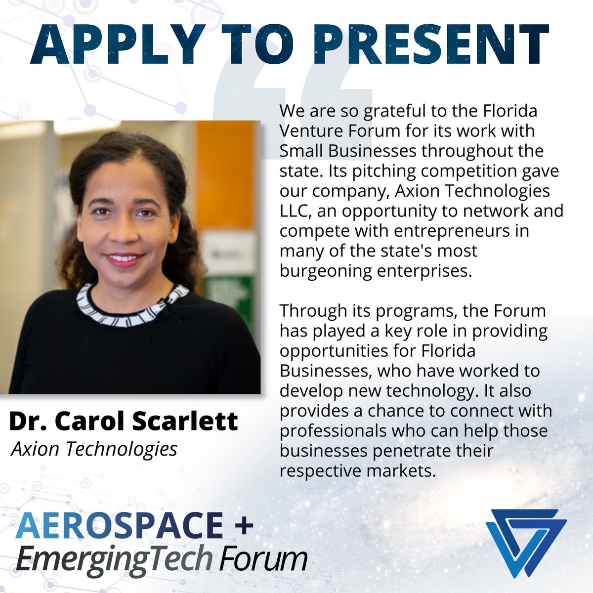 flventure's tweet photo. Dr. Carol Scarlett, a former Aerospace+EmergingTech Forum presenter, reveals its game-changing impact. Unrivaled networking &amp; VC insider connections. Elevate your aerospace/tech firm by presenting—apply now!

https://t.co/xV2zr3tImC https://t.co/Kx3SVOWZUO