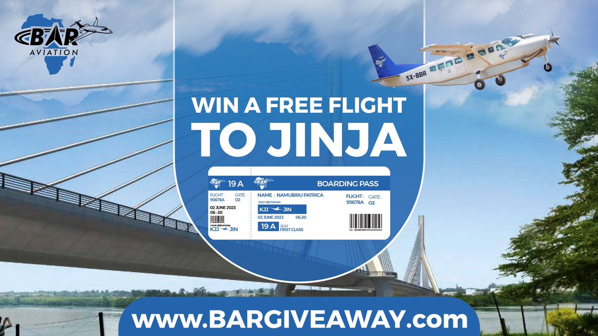 BarAviation's tweet photo. We're launching our new flight route from Kampala to Jinja on 1st of JUNE every Friday and Sunday, and we want you to be the first one onboard.

This is your chance to win a free flight. Click the link below now and secure your spot in this giveaway.

https://t.co/KuHPypqMdh https://t.co/WvvbO8UngL
