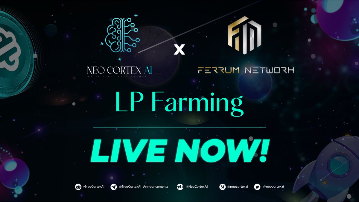 NeoCortexAI's tweet photo. 📢LP Farming is Now Live🔥
🚨$CORAI LP faming with Ferrum Network is now live
💰Reap extra rewards with $CORAI
➡️Farm Here: https://t.co/oRZSJ5uwY5
#AI #blockchain https://t.co/jHO5jktpoj