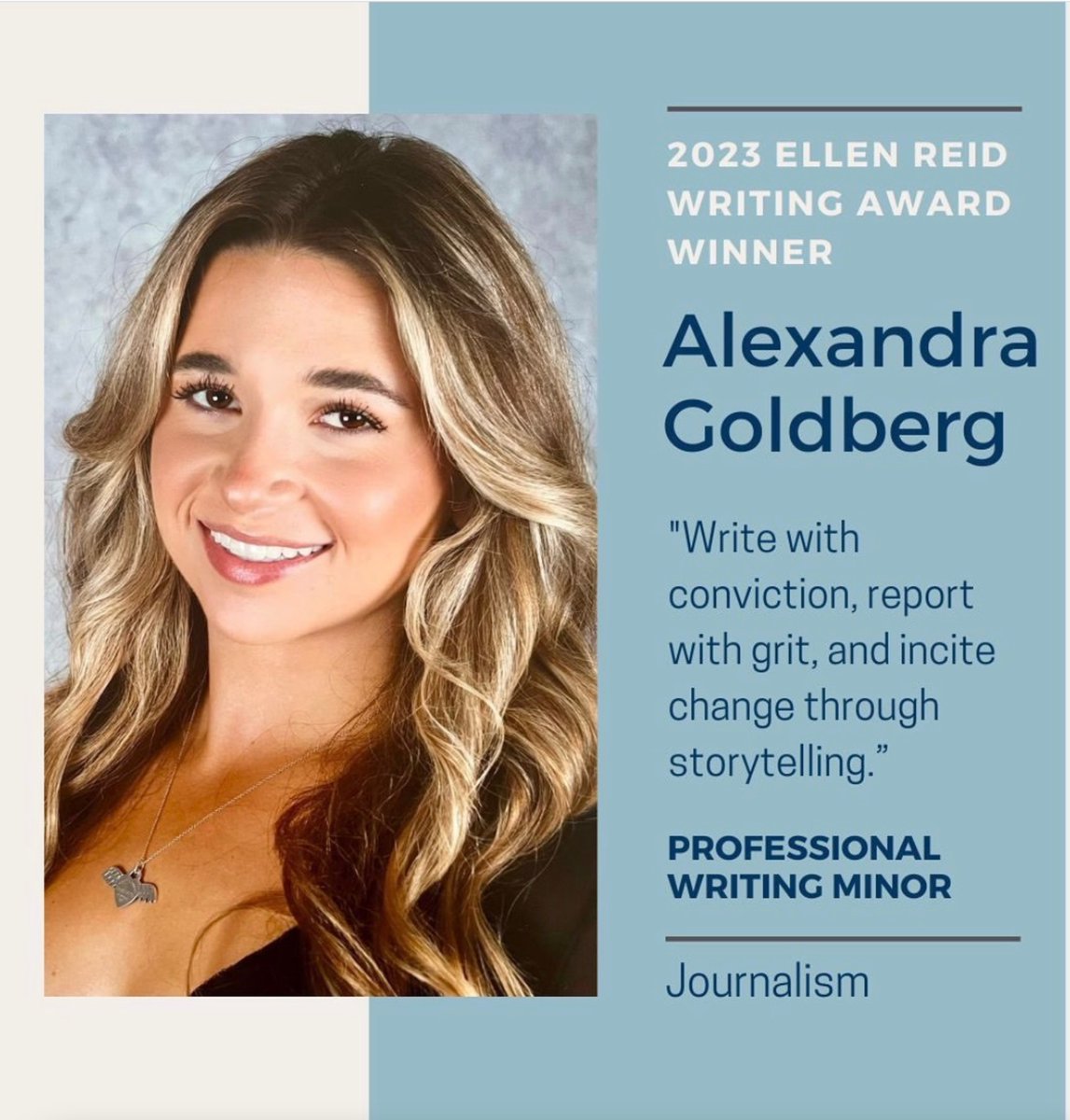 AWCSB's tweet image. Member News: Alexandra Goldberg is the UCSB 2023 Professional Writing Minor Ellen Reid Writing Award recipient. A student in the Journalism track, she is also a Communications major and the podcast host and producer of “The Indy: A Podcast” from the newsroom of @SBindependent.