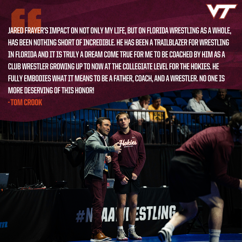 HokiesWrestling's tweet photo. Please join us in congratulating associate head coach 𝙅𝙖𝙧𝙚𝙙 𝙁𝙧𝙖𝙮𝙚𝙧 on his induction into the Florida Wrestling Hall of Fame👏

6️⃣ years in Blacksburg, a lifetime of wrestling, &amp; an honor nothing short of well-deserved @airfrayer 🫡
#ThisIsHome #Hokies 🦃