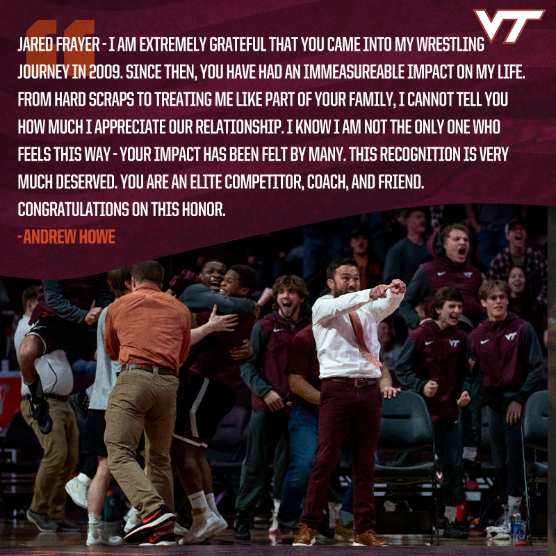 HokiesWrestling's tweet photo. Please join us in congratulating associate head coach 𝙅𝙖𝙧𝙚𝙙 𝙁𝙧𝙖𝙮𝙚𝙧 on his induction into the Florida Wrestling Hall of Fame👏

6️⃣ years in Blacksburg, a lifetime of wrestling, &amp; an honor nothing short of well-deserved @airfrayer 🫡
#ThisIsHome #Hokies 🦃