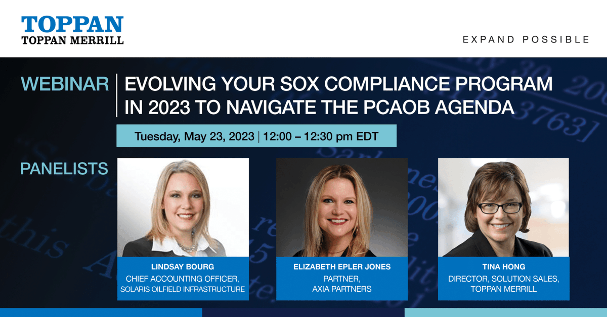 Toppan_Merrill's tweet photo. Join our 30-minute webinar on May 23 as our experts share insights on the latest #PCAOB activities and best practices for your 2023 #SOX compliance program. #internalaudit #soxcompliance #externalreporting https://t.co/XWfieRSwCl https://t.co/omTjZIMFaM