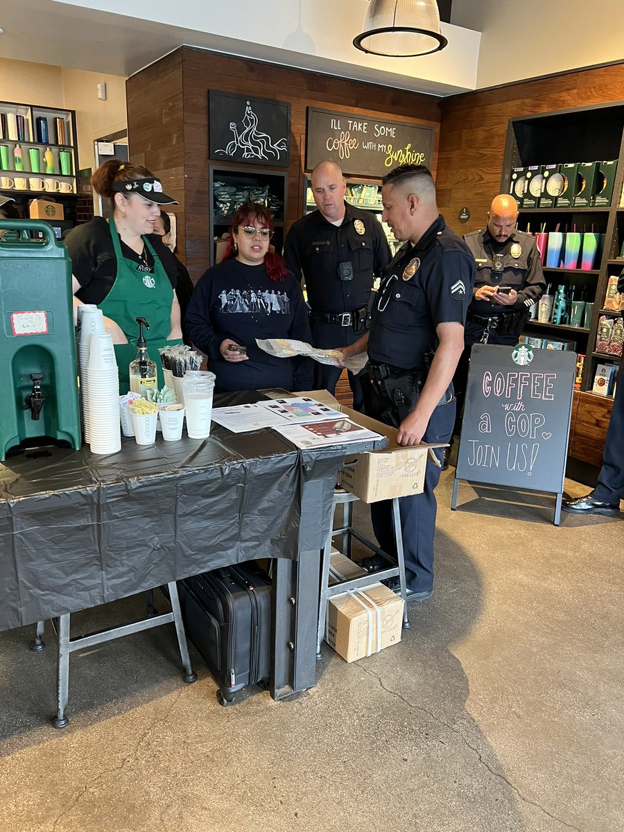 Good morning LA!! Stop by <a href="/Starbucks/">Starbucks</a> at 1403 S Alameda for Coffee with a Cop.  Grab a free cup of coffee and have a great conversation with <a href="/NewtonLAPD/">Newton LAPD</a> and <a href="/LAPD_CTD/">CENTRAL TRAFFIC</a> officer about crime prevention and traffic safety.  <a href="/LAPD24MX13/">24MX13</a> @LabradaAl <a href="/lapdmikeoreb/">Michael A. Oreb</a> <a href="/LAPDHQ/">LAPD HQ</a>