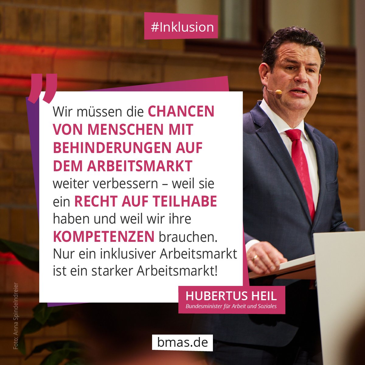 💼 Menschen mit Behinderungen sind oft gut ausgebildet und haben es trotzdem schwer, Arbeit zu finden. Mit unserem Gesetzentwurf für einen inklusiven Arbeitsmarkt sorgen wir dafür, dass sie bessere Chancen haben. Heute stimmt der <a href="/bundesrat/">Bundesrat</a> darüber ab. #Inklusion
<a href="/hubertus_heil/">Hubertus Heil</a>