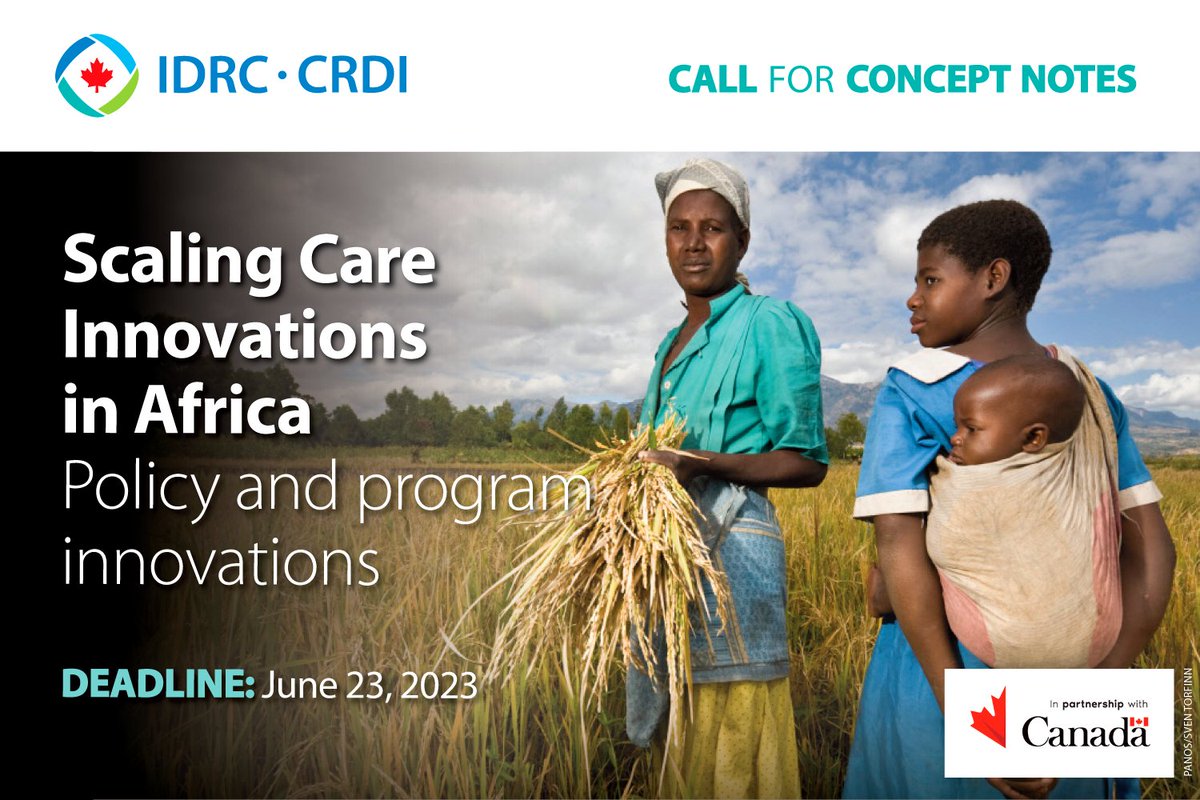 IDRC | CRDI (@idrc_crdi) on Twitter photo We seek concept notes for research to scale the impact of policy and program innovations that recognize, reduce, and redistribute women’s #UnpaidCareWork in #SubSaharanAfrica. In partnership with <a href="/CanadaDev/">Development Canada</a>. bit.ly/3nHgzWo We seek concept notes for research to scale the impact of policy and program innovations that recognize, reduce, and redistribute women’s #UnpaidCareWork in #SubSaharanAfrica. In partnership with <a href="/CanadaDev/">Development Canada</a>. bit.ly/3nHgzWo