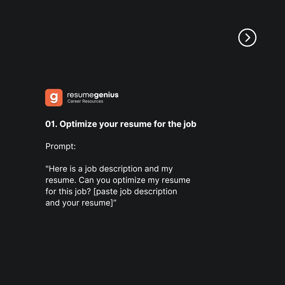 TheResumeGenius's tweet photo. Most people have no idea how to use ChatGPT to perfect their resumes. (Part 1)
Save this and share it with your friends! 🔥
More ChatGPT resume content here: https://t.co/PB6EEzgUbu
#chatgpt #airesume #resumewriting #chatgpthacks #chatgptprompts https://t.co/TwuIjbF6CD