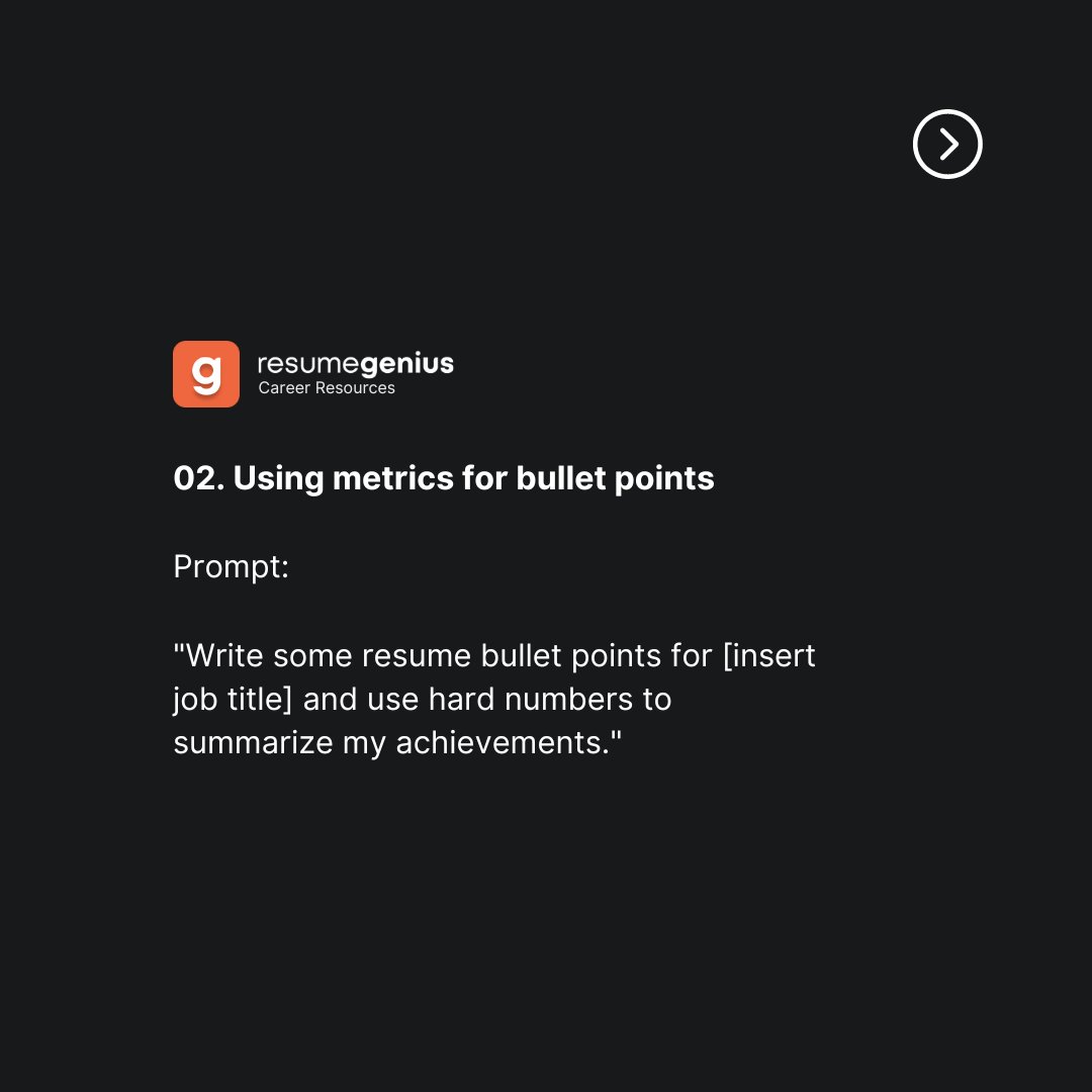 TheResumeGenius's tweet photo. Most people have no idea how to use ChatGPT to perfect their resumes. (Part 1)
Save this and share it with your friends! 🔥
More ChatGPT resume content here: https://t.co/PB6EEzgUbu
#chatgpt #airesume #resumewriting #chatgpthacks #chatgptprompts https://t.co/TwuIjbF6CD