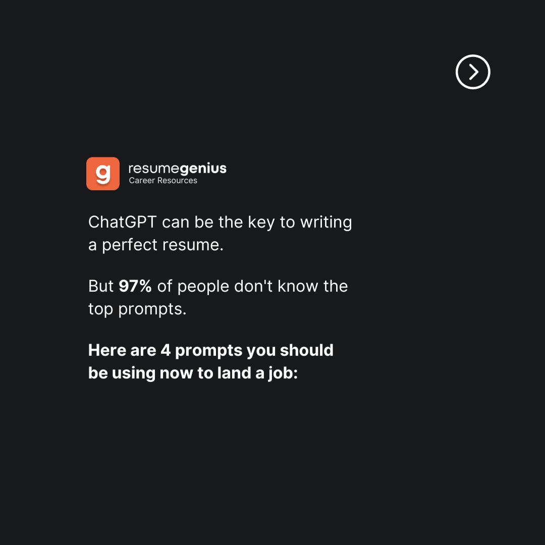 TheResumeGenius's tweet photo. Most people have no idea how to use ChatGPT to perfect their resumes. (Part 1)
Save this and share it with your friends! 🔥
More ChatGPT resume content here: https://t.co/PB6EEzgUbu
#chatgpt #airesume #resumewriting #chatgpthacks #chatgptprompts https://t.co/TwuIjbF6CD