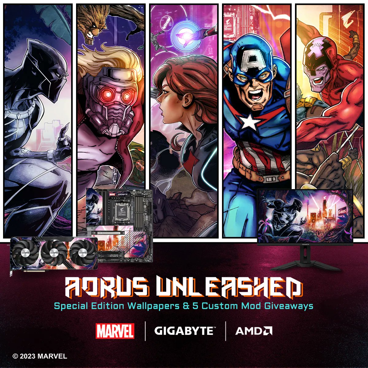 AorusOfficial's tweet image. We've teamed up with @Marvel and @AMDGaming @AMDRyzen @amdradeon to bring you these special edition #Marvel wallpapers. Check out the #AORUSUnleashed website to download them for FREE and for a chance to win the custom motherboards, GPUs, and monitors.

▶ gigabyte.com/us/aorus-unlea…