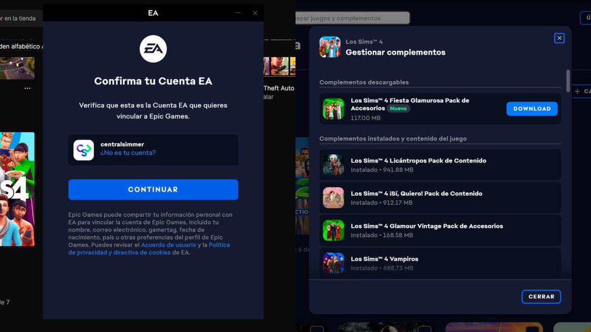 InfoSimmer's tweet photo. ¿Como vincular tu cuenta de Epic Games con EA App para conseguir los 3 Packs GRATIS de #LosSims4? 🚨

- Descarga Epic Games Launcher 
- Consigue la colección con los Packs y el juego base gratuito 
(*Asegúrate que tengas la App actualizada e instalada la EA App con tu inicio de sesión activo)
- Ve a la biblioteca de Epic Games y ejecuta Los Sims 4 
- Acepta el mensaje de vinculación con tu cuenta de EA 
- Luego ve a la biblioteca de la EA App, aprieta los tres punto en la esquina derecha de la carátula de Los Sims 4 y selecciona “Gestionar complementos” y descarga tus nuevos Packs.
- Ahora tendrás los 3 Packs para siempre en tu cuenta.

*Datos a considerar:*
- No importa que tengas un correo diferente en ambas cuentas
- Los Packs son para siempre 
- Se ejecutaran ambos lanzadores 
- Si ya tienes alguno de los 3 Packs igual puedes canjear alguno que te falte (En mi caso fue Fiesta Glamurosa)