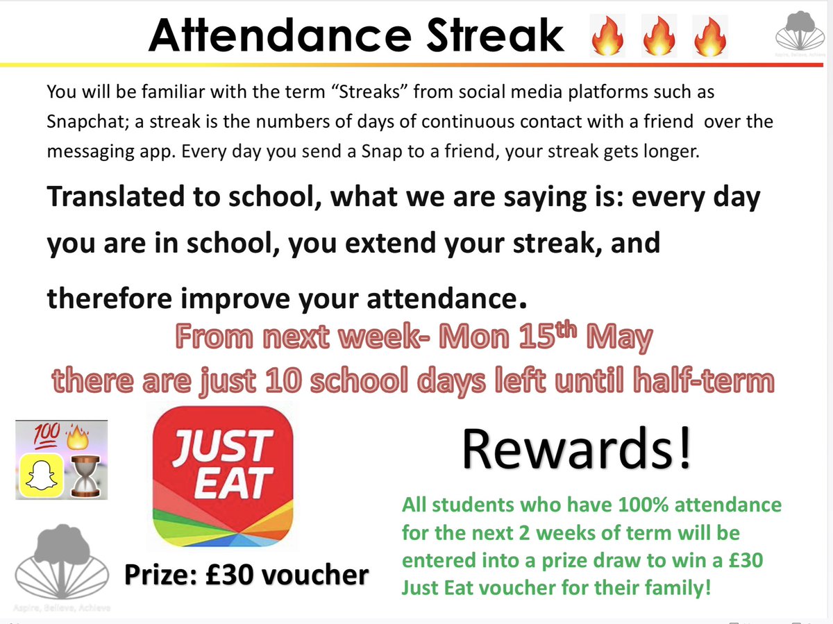 StockGrnHouse's tweet photo. 📢 Attendance Streak Alert! From Monday, attend 10 consecutive school days, for a chance to win Just Eat vouchers for your family. Be in, to win! https://t.co/9QSNkVi0R5