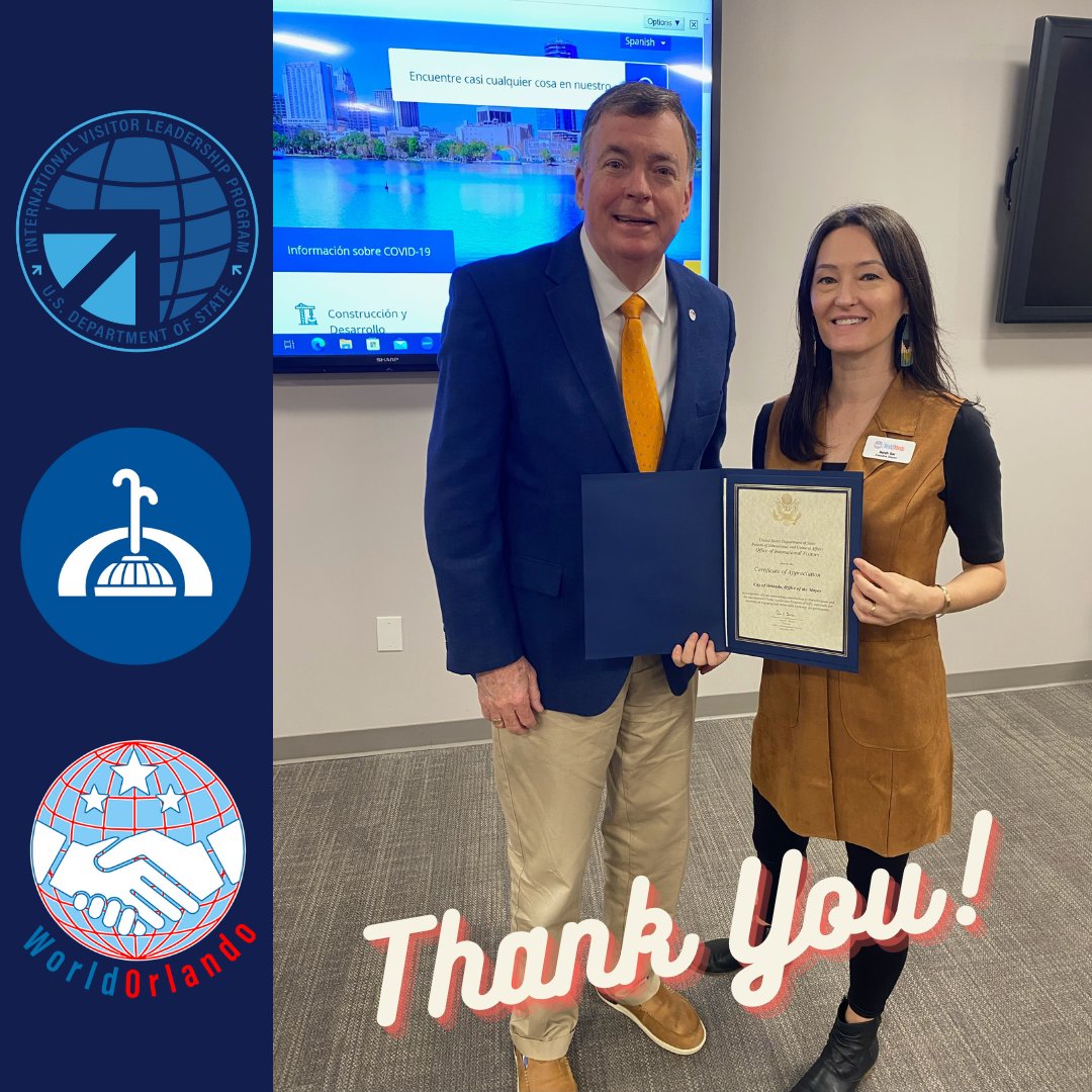 IntlOrlando's tweet photo. Thank you @citybeautiful for being such a great local partner and @StateIVLP host!
Last week, WorldOrlando Exec. Dir. Sarah Gal presented @District3Orl Commissioner Robert Stuart with a certificate of appreciation from @StateDept.
#ExchangeMatters #IVLPcommunity #CityDiplomacy https://t.co/u3uhWsPwAj