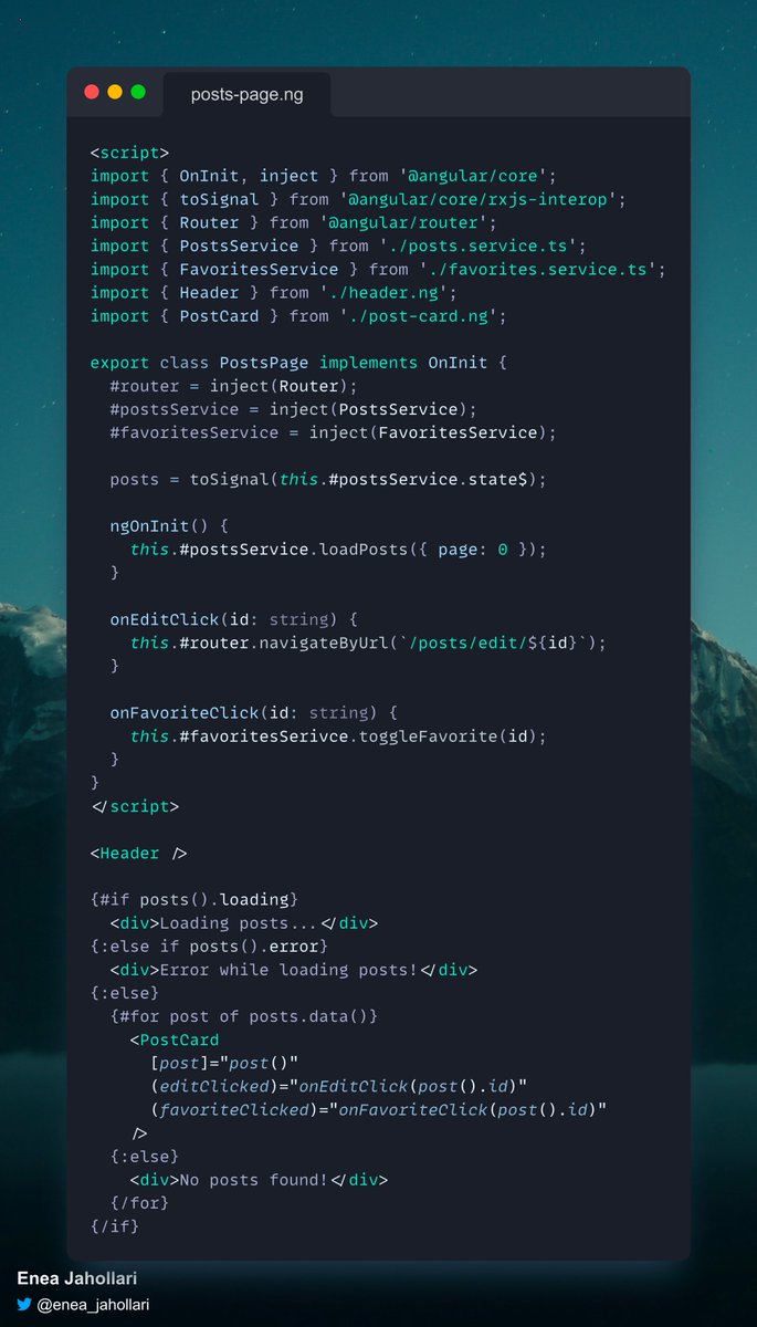 Enea_Jahollari's tweet image. How I see Angular in 2 years ⚡️!
Inspiration from:
- signals DX from @solid_js
- control flow DX from @sveltejs
- template syntax (bindings) from @angular
- class based components from @angular
- component authoring format from @svelte & @vuejs
What do you think? Do you…