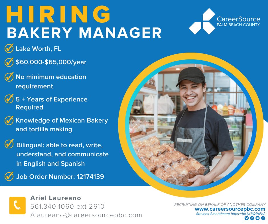 #JobAlert A local Hispanic supermarket specializing in Mexican, Central American, and Caribbean products is seeking a great bilingual candidate to manage their Lake Worth bakery. Interested? Apply Today #PalmBeachCounty #HotJob