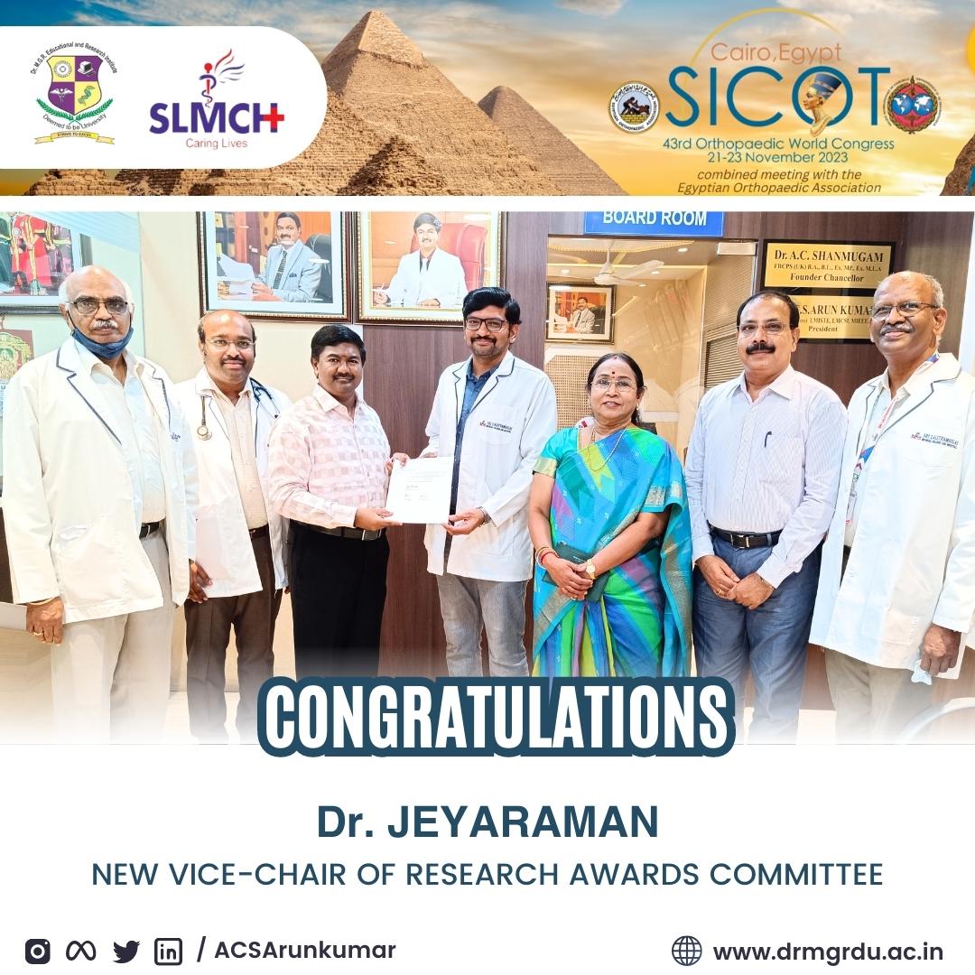 Congratulations to Dr. Jeyaraman, Assistant Professor of Orthopaedics, SLMCH on his appointment as Vice Chair of the Research Awards Committee. This also marks the first time an Indian has been appointed to this esteemed position.

#SLMCH #orthopaedics #SICOT #belgium