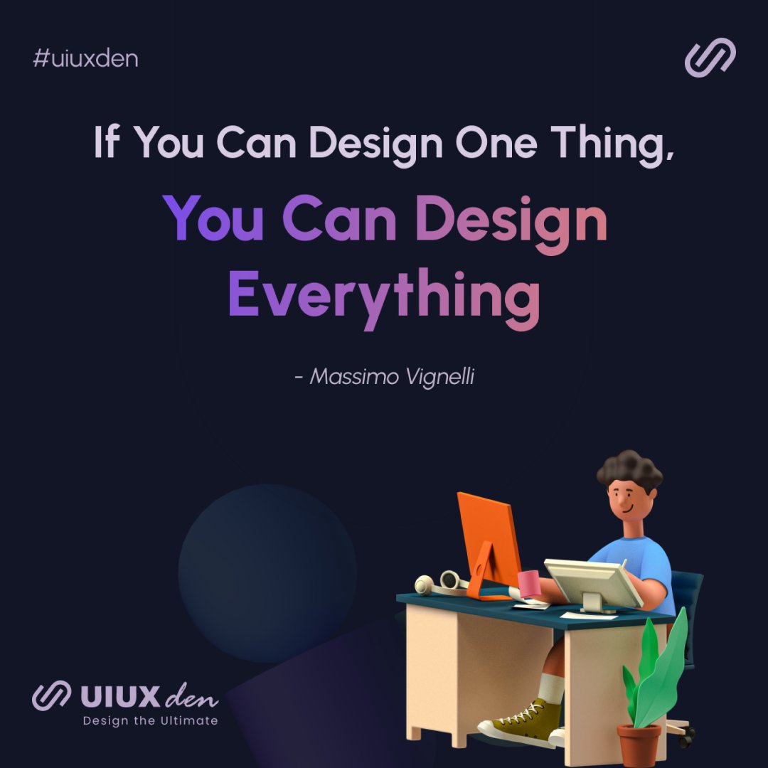 UiUxDen's tweet photo. A Quote by Massimo Vignelli.

When you start working on a design you learn lot of things during the process. You may need to customize your process, however, the standard process will remain the same.

Follow for more! @UiUxDen 

#quoteoftheday #designer #uiuxdesign #uiuxden https://t.co/k2QVcN8FHn