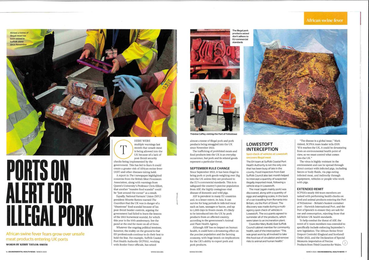 SCPHAuk's tweet photo. Great article in @The_CIEH about our teams who have stopped one tonne of illegal pork from entering the UK to fight the spread of African Swine Fever.

We're pleased to say this joint op with Border Force has been extended to 2024 💪

@ukhomeoffice; @DefraGovUK; @KerryTaylorSmit; https://t.co/piFHGq566d