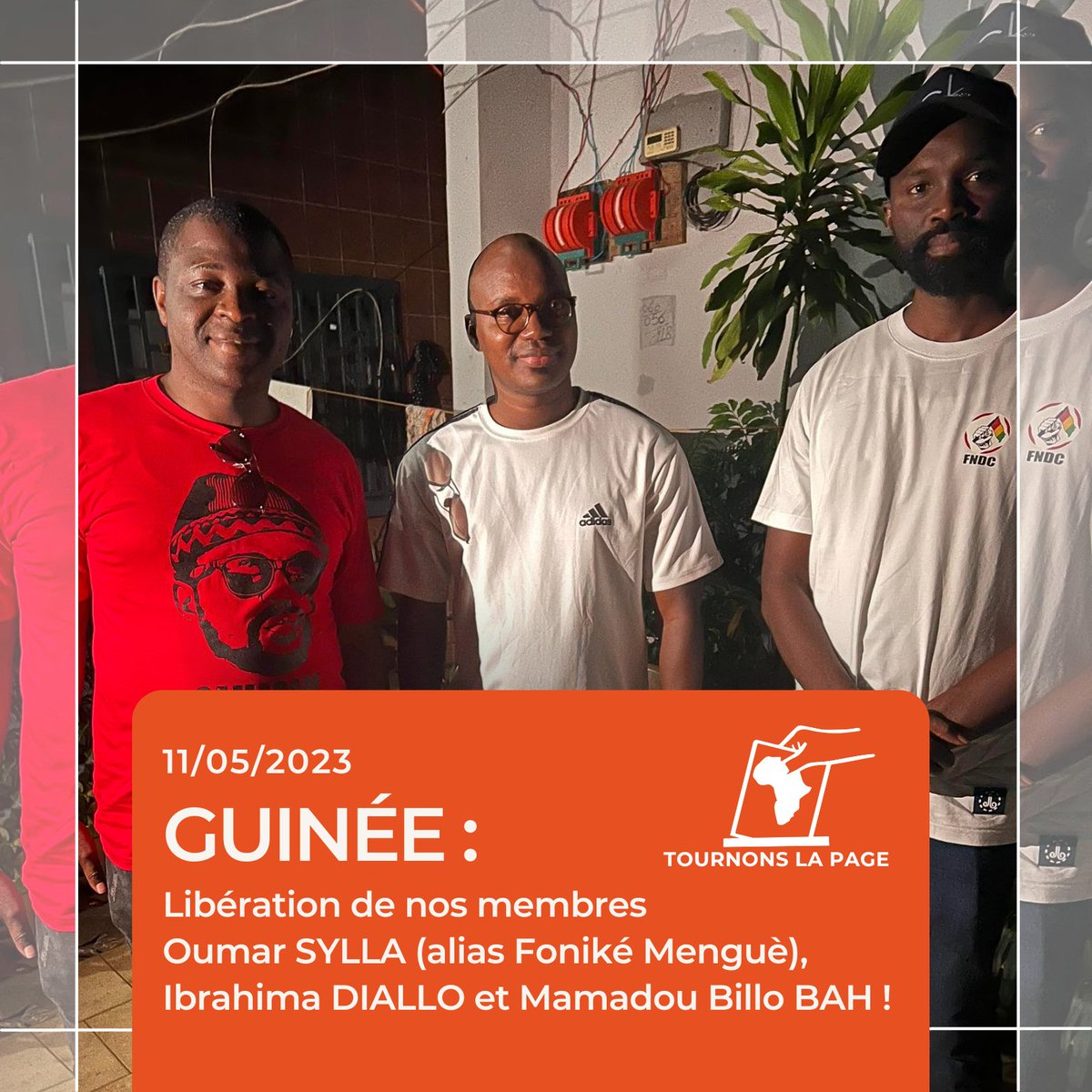 Tournons La Page (@tournonslapage) on Twitter photo 📢#Guinée🇬🇳: Tournons La Page se réjouit de la libération de ses membres Oumar Sylla (alias <a href="/FONIKEMENGUE/">Foniké Menguè</a>), <a href="/DialloIbrem/">Ibrahima Diallo</a> et Mamadou Billo Bah !
👉🏿Notre communiqué : bit.ly/3I3LTpk 📢#Guinée🇬🇳: Tournons La Page se réjouit de la libération de ses membres Oumar Sylla (alias <a href="/FONIKEMENGUE/">Foniké Menguè</a>), <a href="/DialloIbrem/">Ibrahima Diallo</a> et Mamadou Billo Bah !
👉🏿Notre communiqué : bit.ly/3I3LTpk