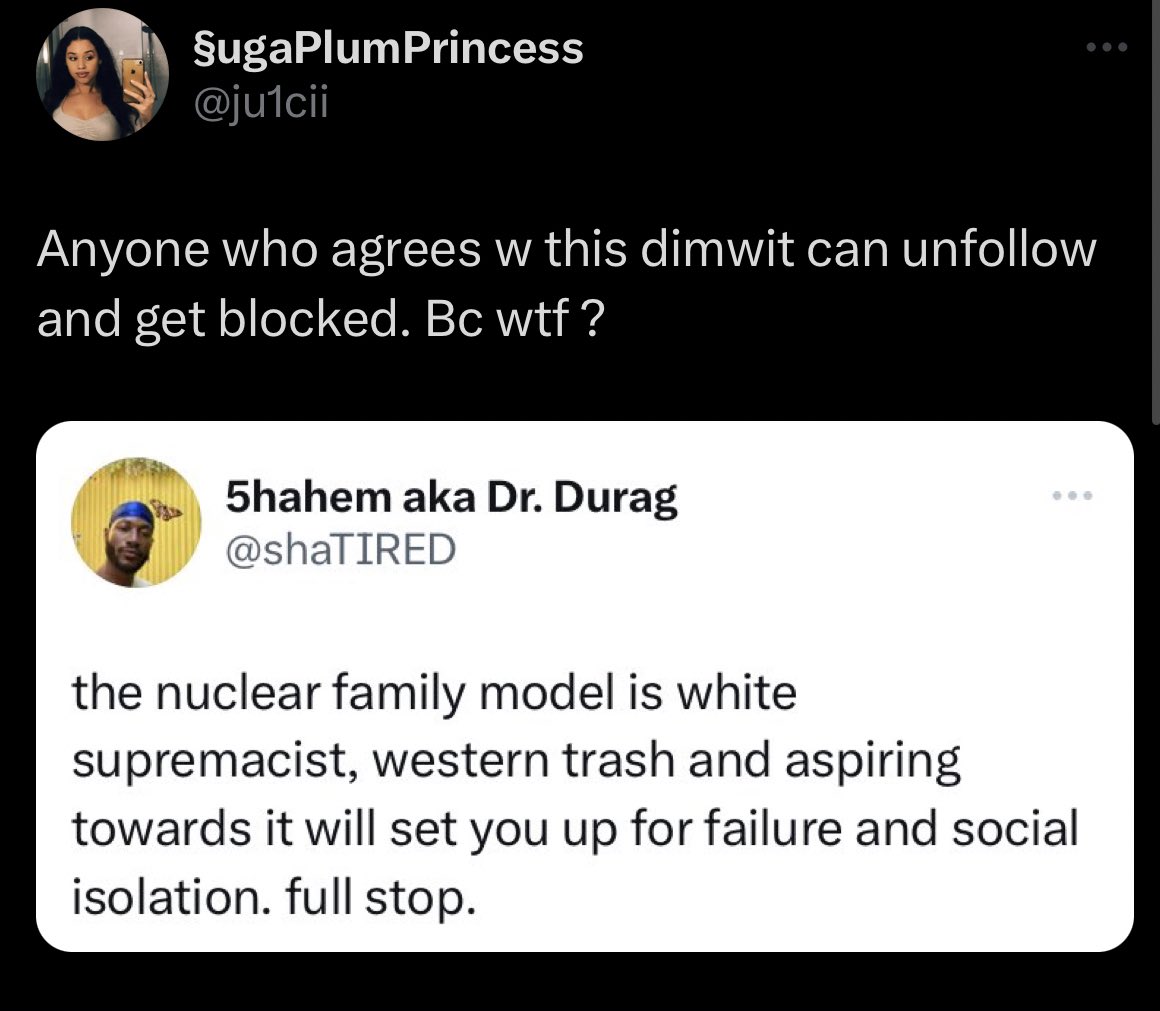 let’s play a game. raise your hand if you’ve taken courses on this very topic, can cite several sources that show that the nuclear family style 1) is new and was created to further capitalist interests 2) is unsustainable 3) is harmful for human connection and communal living…🙋🏾‍♂️