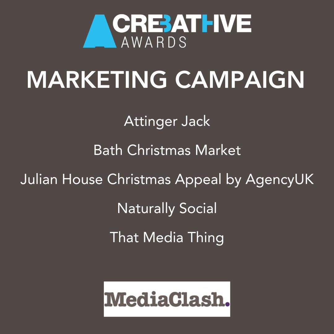 CreativeBath's tweet photo. Onto Marketing Campaign. The Finalists are: Attinger Jack, @bathxmasmarket, Julian House Christmas Appeal (@gencyUK), @NlySocial and @MediaThing
Congratulations!

Sponsor: @themediaclash
#CreativeBathAwards https://t.co/ooV4cwgbwt