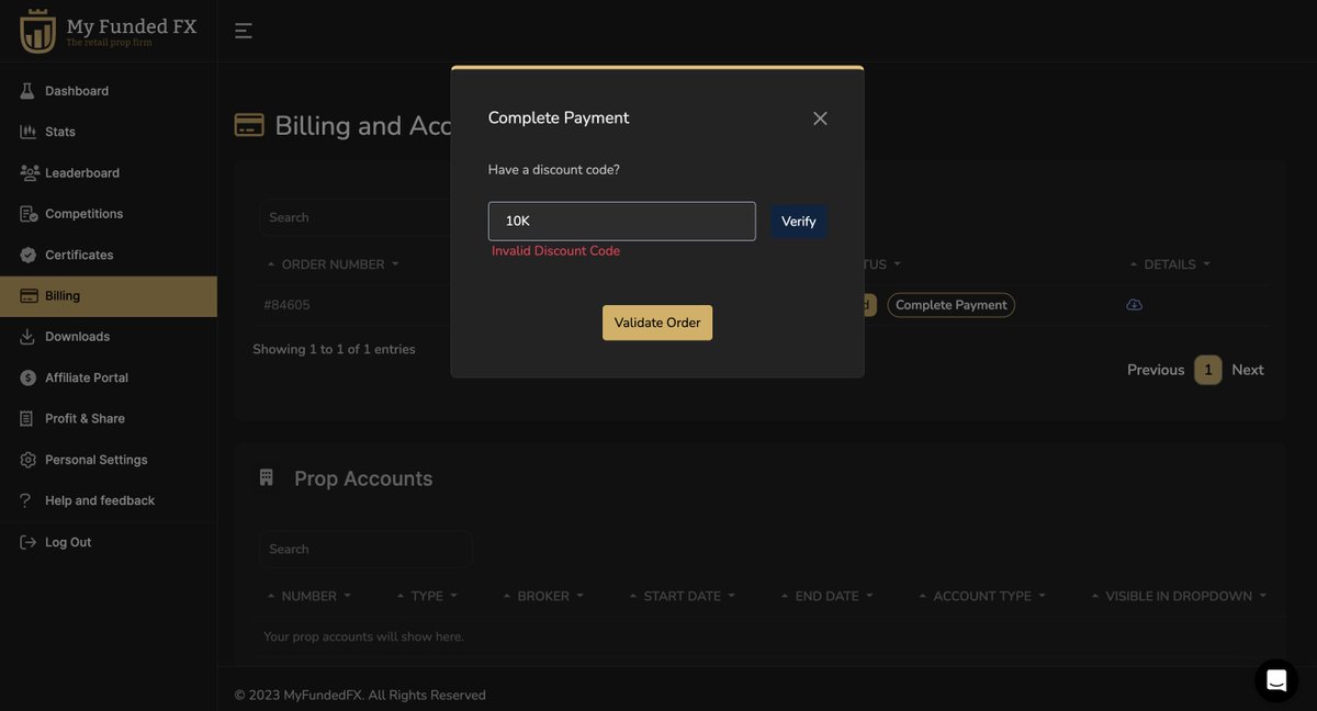 TraderLannister's tweet photo. @MyFundedFX I tried. But it says invalid discount code. https://t.co/GWY7Cs6wl3