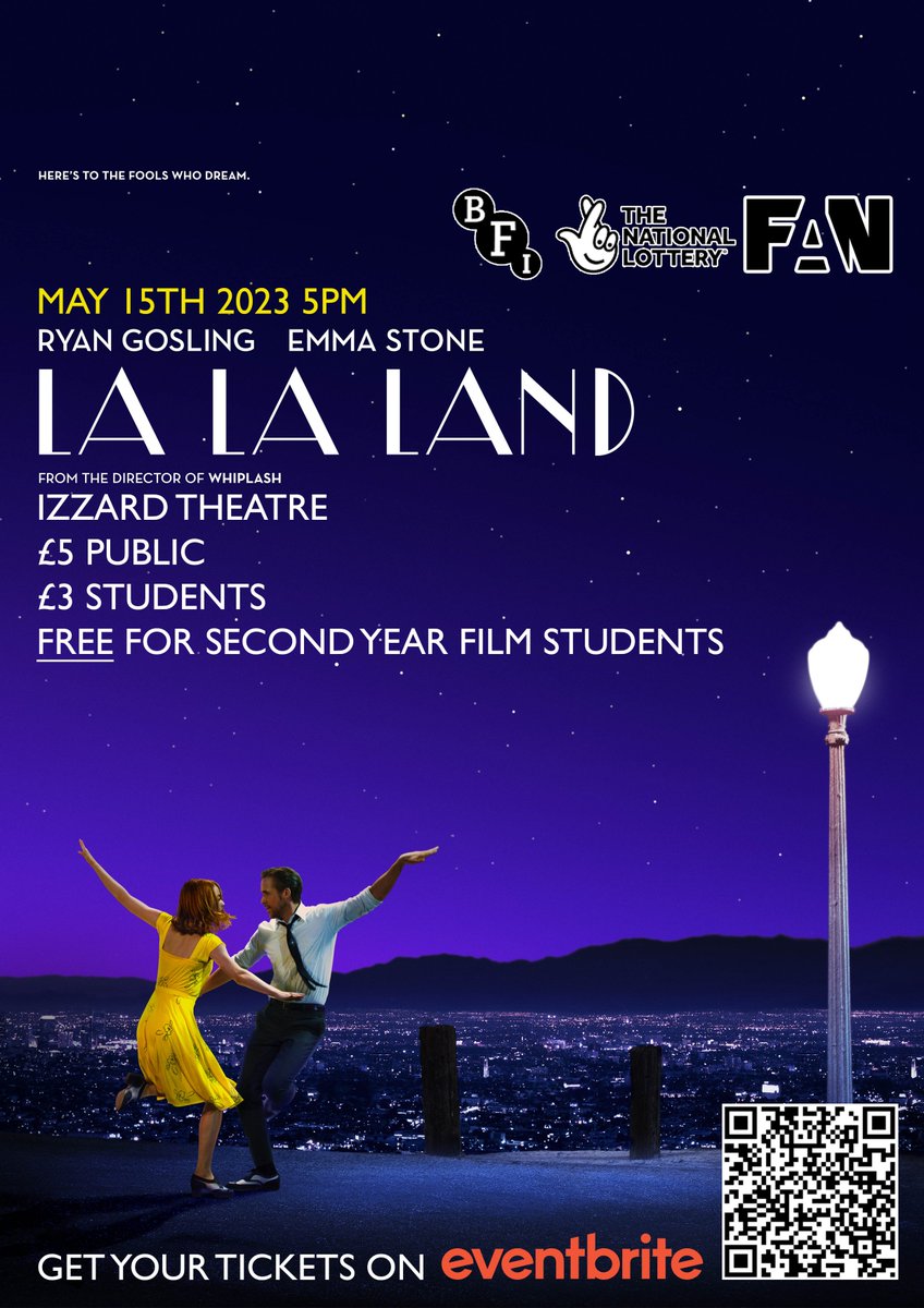 Join us on May 15th at 5pm for a special screening of La La Land. 🌞Starring Emma Stone and Ryan Gosling. 💃Don't miss this exciting opportunity to come and see it on the big screen. Get your tickets now by visiting the link here eventbrite.co.uk/e/la-la-land-f…… 
#Izzardtheatre