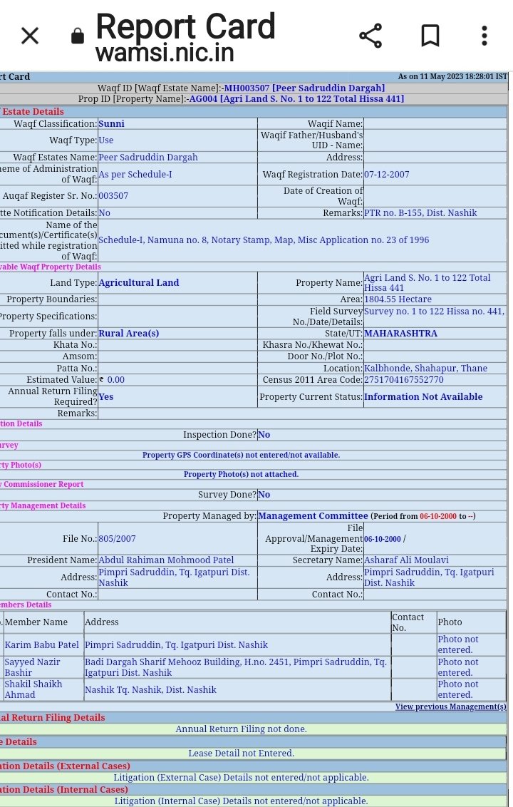 khanaj63's tweet photo. Ref earlier tweets about income of Waqf properties not being shown , called for , these two agr lands measuring 7,774.136 acres in Shahpyra , Thane have not shown any , as income from 1402 properties of Thane is 00.00 during last 6 years .
How the community is served ? https://t.co/YPMdQaC6Tk