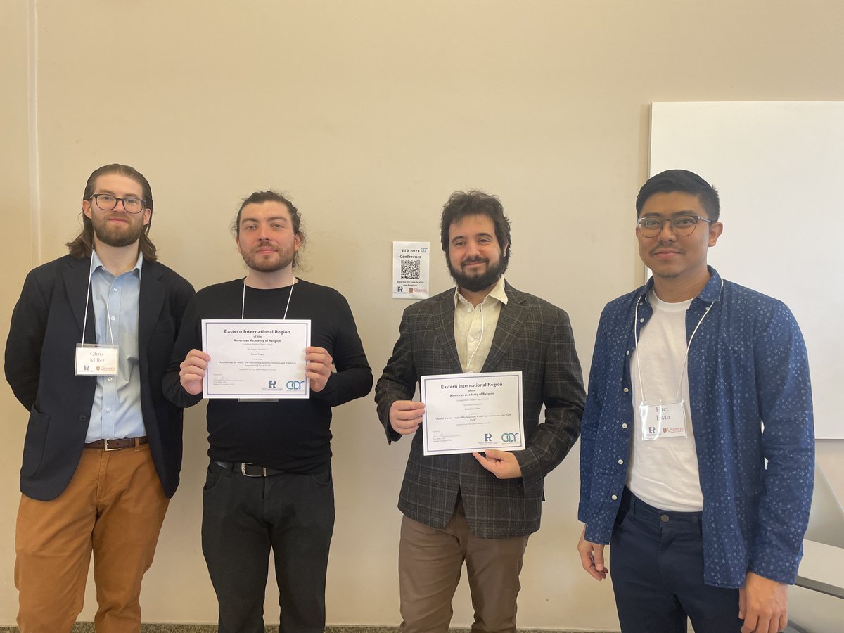 AAR-EIR (@eir_aar) on Twitter photo Join us in congratulating the winners of our 2023 Student Paper Award! Lucas Coque (2nd from left) was our Graduate Paper Award Winner, and Codey Lecchino (2nd from right) won the Undergraduate Student Paper Award. More details about their papers below!
<a href="/AarGrad/">AAR Students</a> Join us in congratulating the winners of our 2023 Student Paper Award! Lucas Coque (2nd from left) was our Graduate Paper Award Winner, and Codey Lecchino (2nd from right) won the Undergraduate Student Paper Award. More details about their papers below!
<a href="/AarGrad/">AAR Students</a>