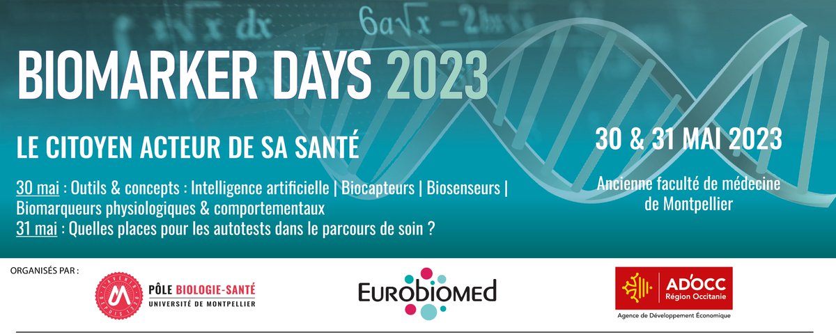 PoleBioSante's tweet photo. Inscrivez-vous à la 7ème édition des Biomarker Days!
Les 30 &amp; 31 mai à l'ancienne fac de médecine sur la thématique du Citoyen acteur de sa santé
RDV BtoB disponibles
@ADOCC_ @PoleEurobiomed 
+ info: https://t.co/hlfyIdipib
@umontpellier @PoleMipsMUSE @chimiebalard @Pole_SOC_UM https://t.co/Fc8GgwMvxK