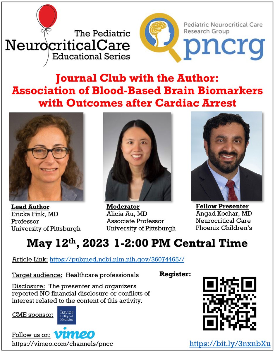 🌟#NeuroPICU Education Series🌟 Predict 🧠outcomes using🩸biomarkers after cardiac arrest!! 🗓️Tomorrow May 12, 1-2pm CST ✅Registration: bit.ly/3nxnbXu 📔Journal Club w/ the Author With the amazing @ericka_fink!! 🤩 Article: pubmed.ncbi.nlm.nih.gov/36074465 #PedsICU