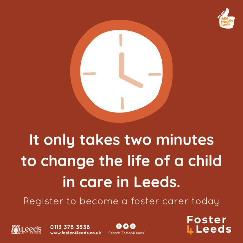 It only takes 2 minutes to change the life of a child in care in Leeds. ⏰ Register to become a foster carer and help us ensure that children in care in Leeds are kept close to their schools, friends, and families. More info, visit: leeds.gov.uk/foster4leeds #Foster4Leeds