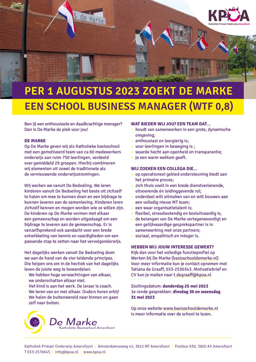 De Marke zoekt een enthousiaste en daadkrachtige School Business Manager