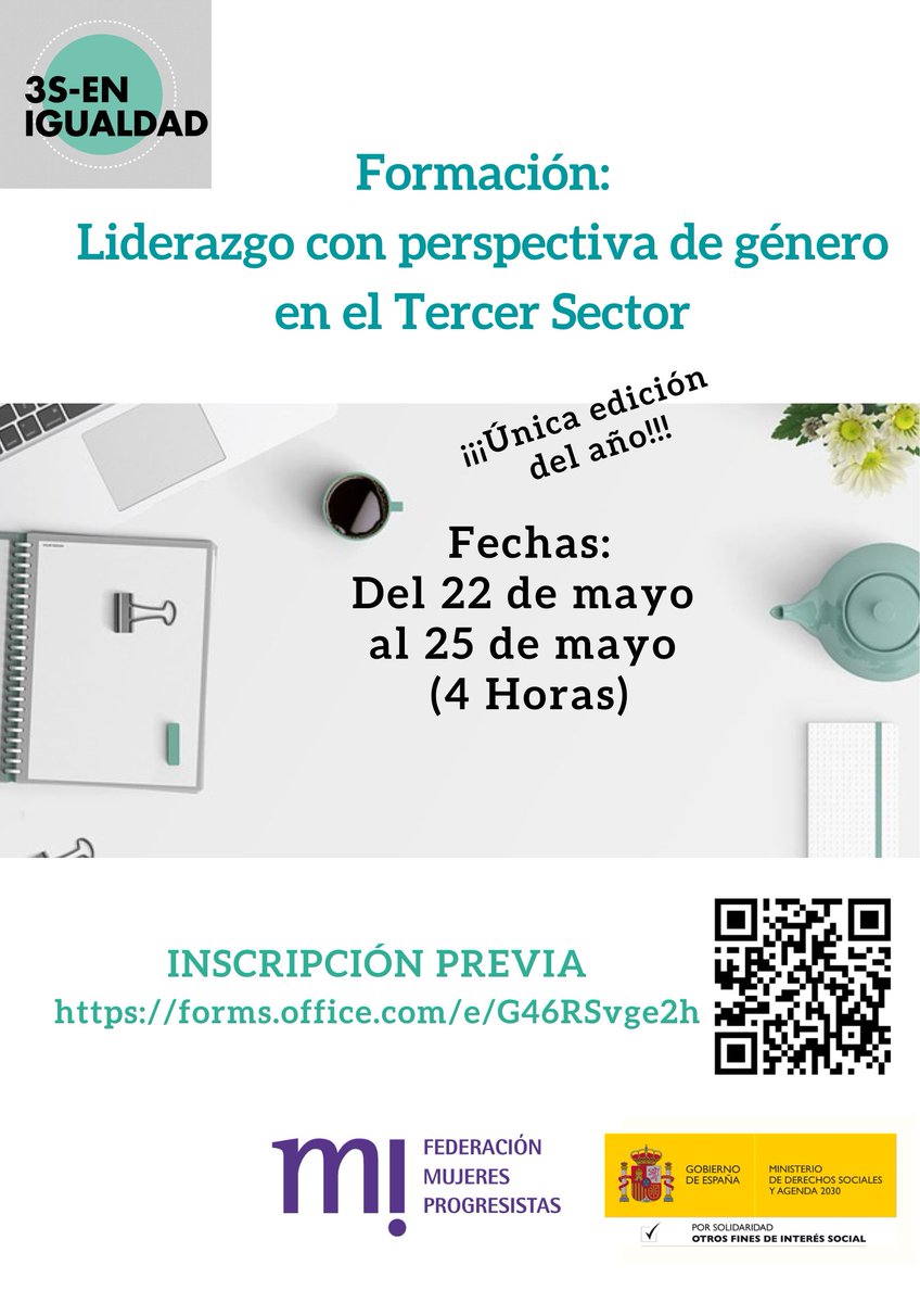 📌Desde #3SIgualdad lanzamos nueva #formación sobre #liderazgo con perspectiva de género para el #TercerSector.
🗓 Del 22 al 25 de mayo
⌚ 4 horas de formación on line 💻
🔗Preinscripciones:  forms.office.com/e/G46RSvge2h