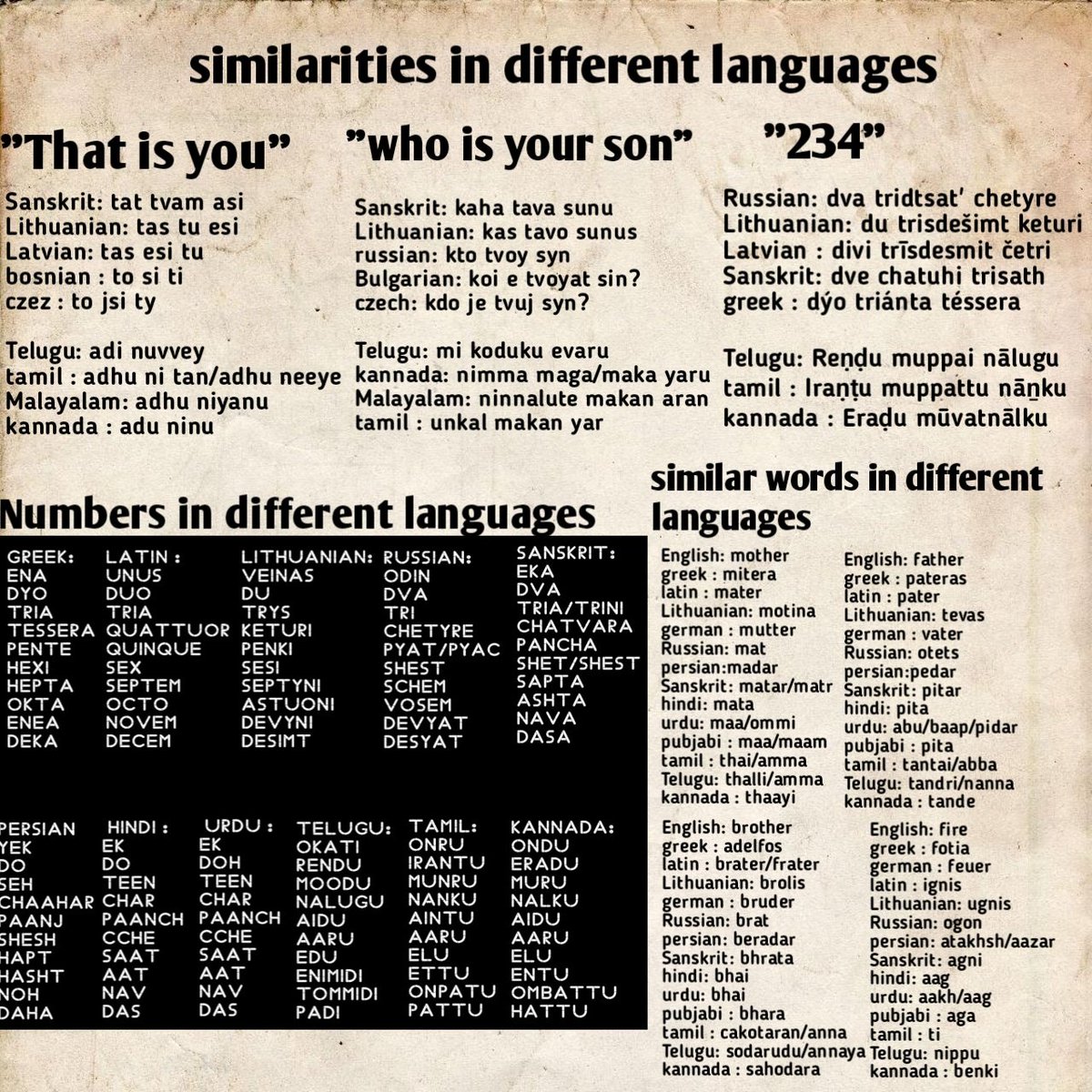 Tamil: Tamil is the mother of all languages. 

Kannadiga: we came from proto dravidian.

Mallu: we came from Sanskrit.

Telugu: We hv nothing to do with Tamil.

Meanwhile the chart is... 😃😃