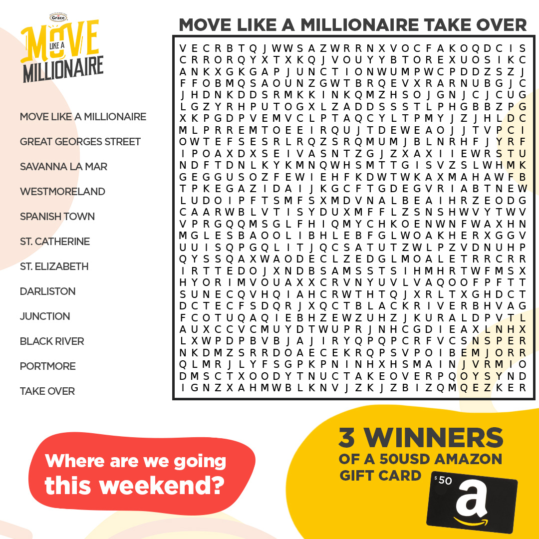 gracefoods's tweet photo. Top of the morning #GraceFan! We've hidden the locations we'll be this weekend on our #MoveLikeAMillionaire tour. Find the locations and all the other hidden words we've listed for a chance to win a 50USD amazon gift card. 3 winners across Facebook, Instagram and Twitter. #MLAM https://t.co/rGrlharC84