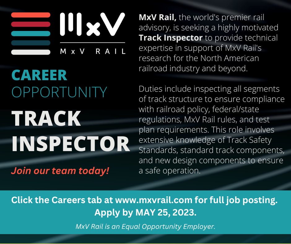 We’re seeking a Track Inspector to join our team at MxV Rail. Join our team and apply today! The deadline to apply is May 25. #hiringnow #wearemxvrail #careeropportunities ow.ly/GMrI50LksPm