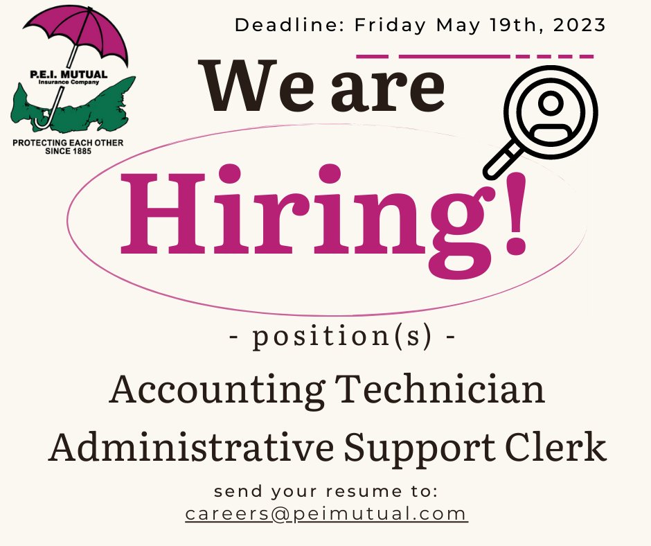 Join our Team!  
PEI Mutual is now hiring for the following positions: 
• Administrative Support Clerk 
• Accounting Technician
For more information, including how to apply, please visit us online: peimutual.com/whats-new/list…
Applications close Friday May 19th, 2023.