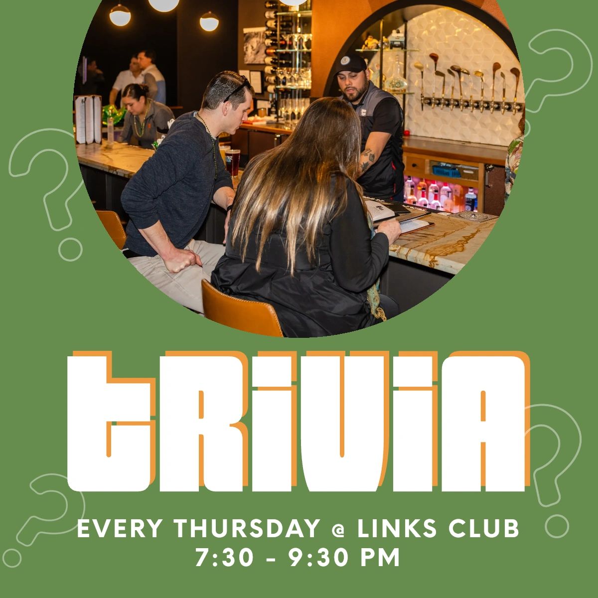 Get your thinking caps on, and join us for trivia every Thursday at Links Club! It’s free, fun, and you can win prizes. Rally your friends, family, and coworkers, and we’ll see you all at 7:30 PM. #LinksClub