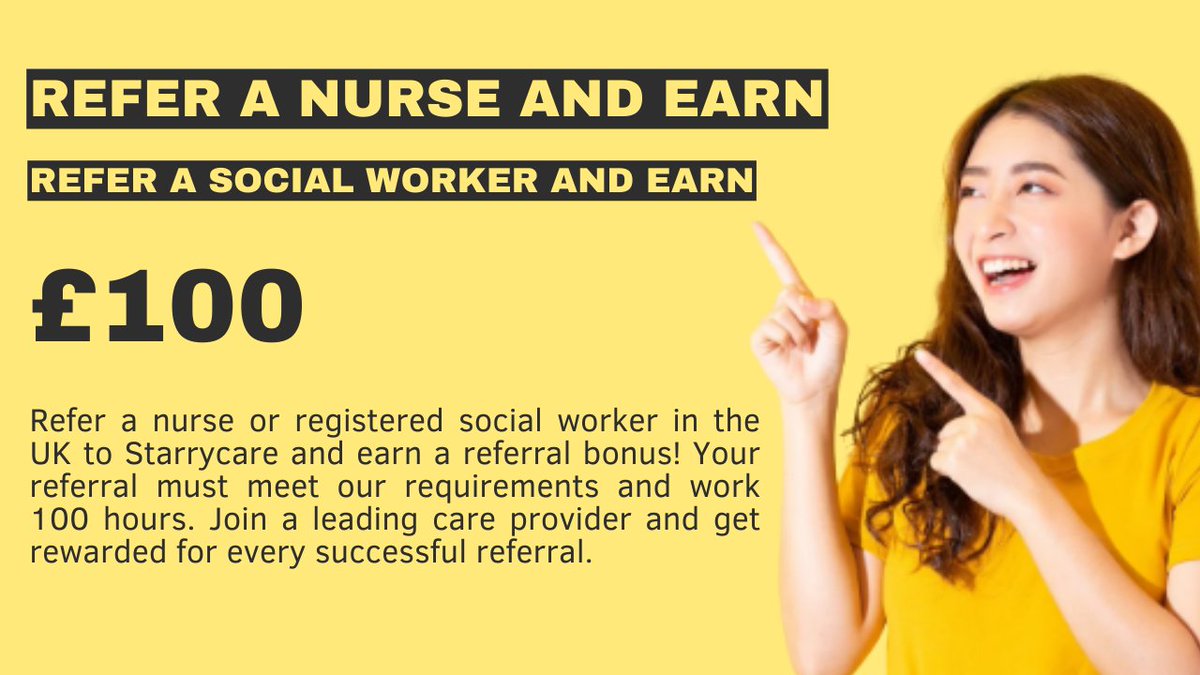 StarryCare's tweet photo. Refer a nurse or registered social worker in the UK to Starrycare and earn a bonus! Join us in providing compassionate care and support, and get rewarded. Note: The nurse must be based in the UK. Click on the following link to make your referral: https://t.co/fILovlKls0 https://t.co/vFYFptnbS5