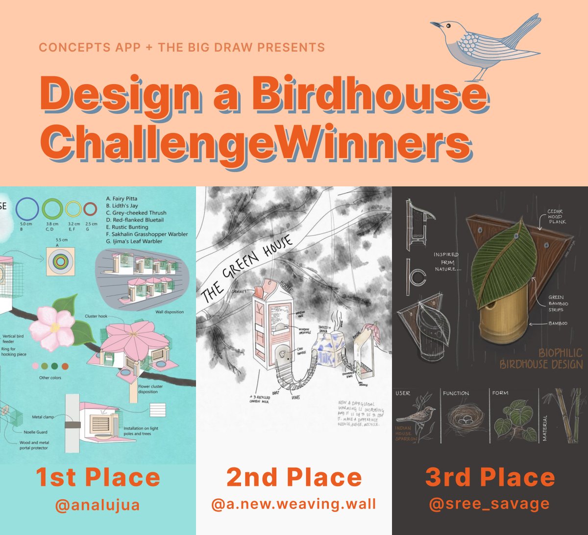 ConceptsApp's tweet image. 🐦 🏡 We loved seeing the creativity and environmentally friendly designs you submitted to our Design a Birdhouse Challenge! Congrats to our winners!
1st Place: analujua
2nd Place: a.new.weaving.wall
3rd Place: sree_savage
Find their entries on Instagram!