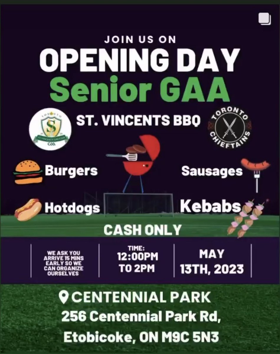 Saturday is the official Opening Day for <a href="/Toronto_GAA/">Toronto GAA 🇨🇦🏐🇮🇪</a>. It starts at noon with <a href="/stvincentsgaato/">St Vincents GAA Toronto</a> BBQ, crossbar challenge and <a href="/TorontoChiefs/">Toronto Chieftains</a> exhibition games. Should be a great day!